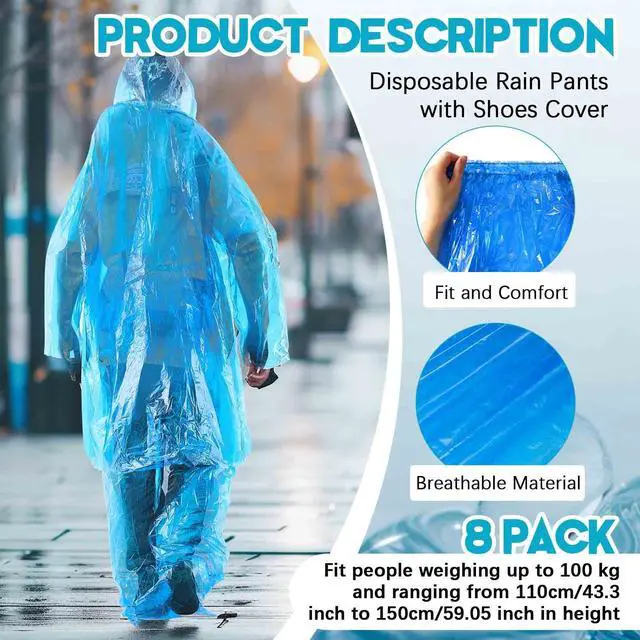 Alt view image 5 of 6 - 8 Sets Disposable Rain Suit for Adults, Poncho Pants, Blue, Clear | Waterproof Hooded Ponchos with Shoe Covers, Lightweight Emergency Rainwear, Portable for Outdoor Hiking Camping Travel