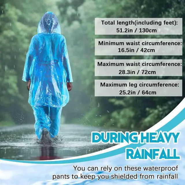 Alt view image 2 of 6 - 8 Sets Disposable Rain Suit for Adults, Poncho Pants, Blue, Clear | Waterproof Hooded Ponchos with Shoe Covers, Lightweight Emergency Rainwear, Portable for Outdoor Hiking Camping Travel
