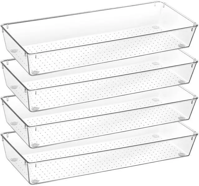 Main image of 4 Pack Clear Kitchen Drawer Organizer, 15x6 Inch Utensil Tray | Silverware Organizer Trays for Flatware, Cutlery and Kitchen Utensils, Large Clear Bins Create a Neat and Organized Drawer