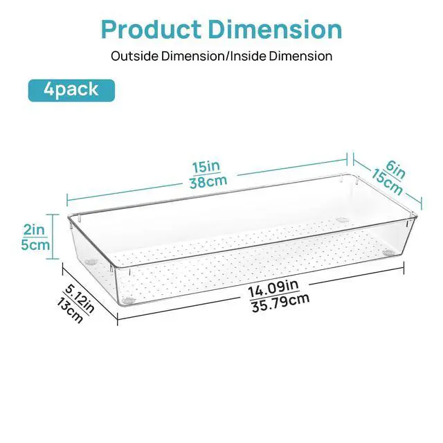Alt view image 2 of 7 - 4 Pack Clear Kitchen Drawer Organizer, 15x6 Inch Utensil Tray | Silverware Organizer Trays for Flatware, Cutlery and Kitchen Utensils, Large Clear Bins Create a Neat and Organized Drawer