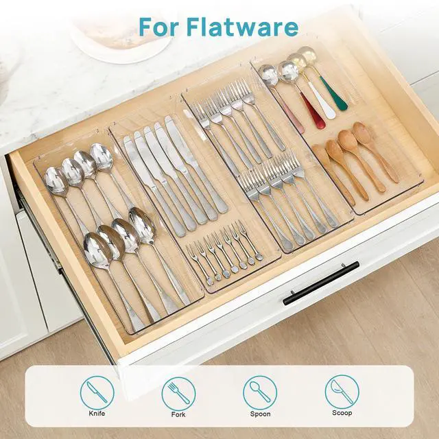 Alt view image 5 of 7 - 4 Pack Clear Kitchen Drawer Organizer, 15x6 Inch Utensil Tray | Silverware Organizer Trays for Flatware, Cutlery and Kitchen Utensils, Large Clear Bins Create a Neat and Organized Drawer