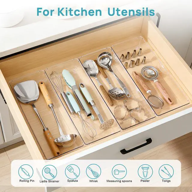 Alt view image 4 of 7 - 4 Pack Clear Kitchen Drawer Organizer, 15x6 Inch Utensil Tray | Silverware Organizer Trays for Flatware, Cutlery and Kitchen Utensils, Large Clear Bins Create a Neat and Organized Drawer