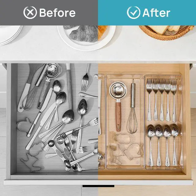Alt view image 3 of 7 - 4 Pack Clear Kitchen Drawer Organizer, 15x6 Inch Utensil Tray | Silverware Organizer Trays for Flatware, Cutlery and Kitchen Utensils, Large Clear Bins Create a Neat and Organized Drawer