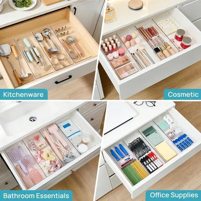 Alt view image 6 of 7 - 4 Pack Clear Kitchen Drawer Organizer, 15x6 Inch Utensil Tray | Silverware Organizer Trays for Flatware, Cutlery and Kitchen Utensils, Large Clear Bins Create a Neat and Organized Drawer