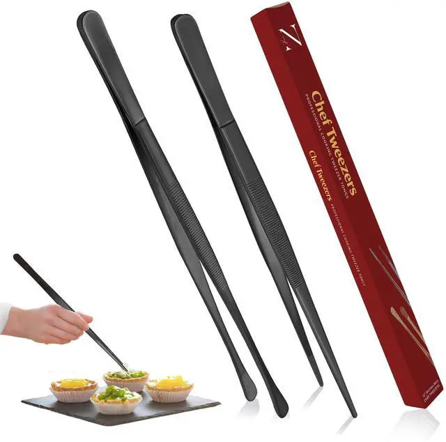 Main image of Tweezer Tongs 2 Pcs 12- Inch Stainless Steel 18/10 Thin Chopstick Precise & Strong Chef Tweezers for Food & Small Objects, Cooking Tongs for BBQ and Grills - 12 Inch - (Black)