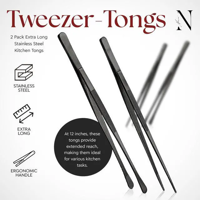 Alt view image 2 of 7 - Tweezer Tongs 2 Pcs 12- Inch Stainless Steel 18/10 Thin Chopstick Precise & Strong Chef Tweezers for Food & Small Objects, Cooking Tongs for BBQ and Grills - 12 Inch - (Black)