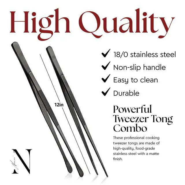 Alt view image 5 of 7 - Tweezer Tongs 2 Pcs 12- Inch Stainless Steel 18/10 Thin Chopstick Precise & Strong Chef Tweezers for Food & Small Objects, Cooking Tongs for BBQ and Grills - 12 Inch - (Black)
