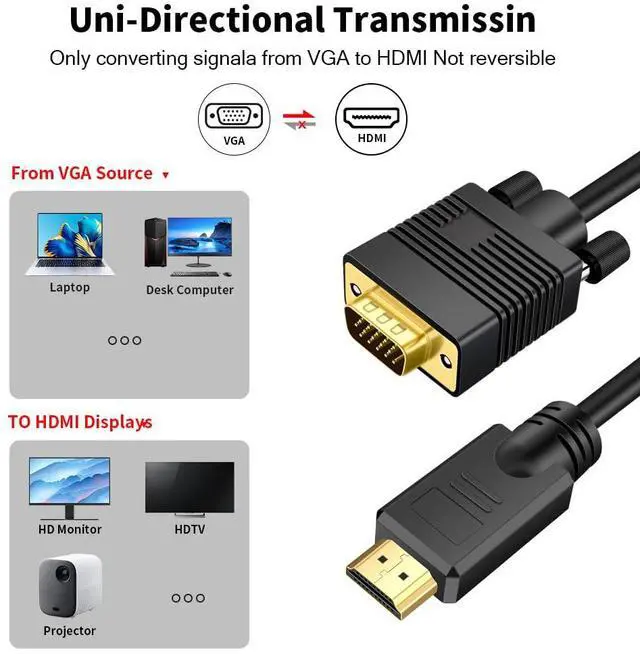 Alt view image 5 of 7 - VGA (Sources) to HDMI (Display) Cable 6ft with Audio, VGA Maleto HDMI Male Converter Cord Adapter Cable Compatible Witch Computer/Laptop to Monitor/TV, Desktop Laptop Projector to Monitor HDTV