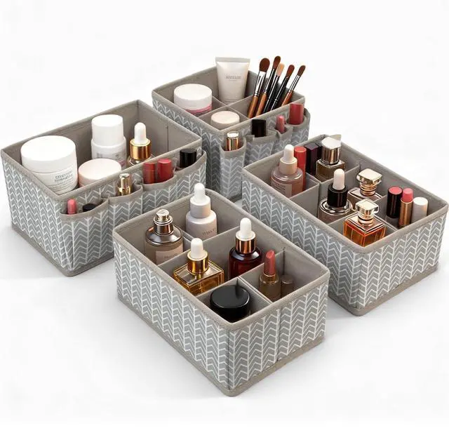 Main image of Cosmetic Storage Bins Makeup Organizer, Adjustable Multifunction Storage Box Desk Drawer Divider for Makeup Brushes, Bathroom Countertop or Dresser, Set of 4 (Grey)