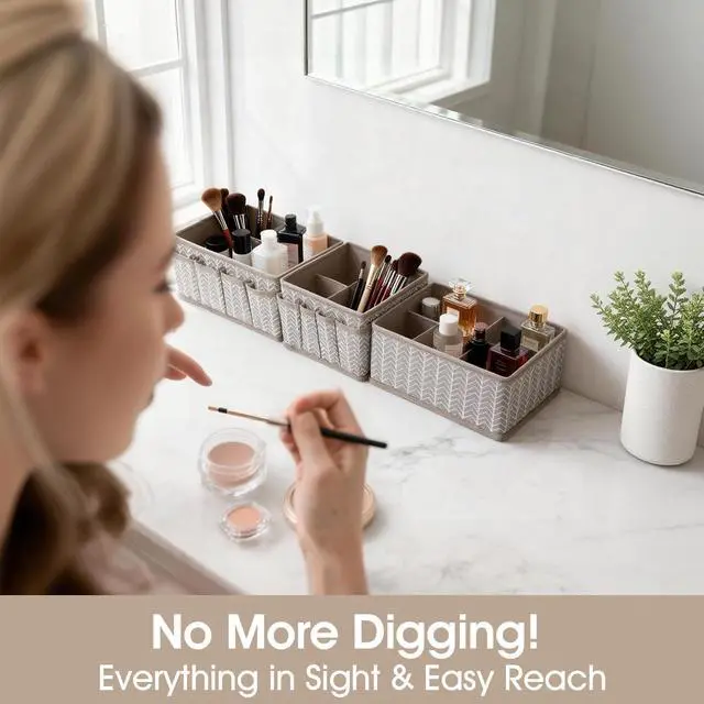 Alt view image 5 of 7 - Cosmetic Storage Bins Makeup Organizer, Adjustable Multifunction Storage Box Desk Drawer Divider for Makeup Brushes, Bathroom Countertop or Dresser, Set of 4 (Grey)