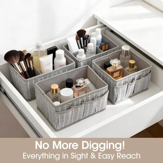 Alt view image 4 of 7 - Cosmetic Storage Bins Makeup Organizer, Adjustable Multifunction Storage Box Desk Drawer Divider for Makeup Brushes, Bathroom Countertop or Dresser, Set of 4 (Grey)