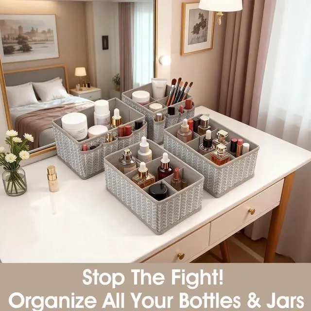 Alt view image 6 of 7 - Cosmetic Storage Bins Makeup Organizer, Adjustable Multifunction Storage Box Desk Drawer Divider for Makeup Brushes, Bathroom Countertop or Dresser, Set of 4 (Grey)