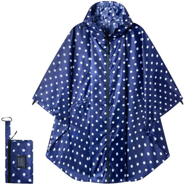 Main image of Hooded Rain Ponchos for Adult - Rain Coat and Rain Jacket with Waterproof Pocket and Zipper Suitable for Camping, Hiking, Travelling and Other Outdoor Activities, Navy Dot