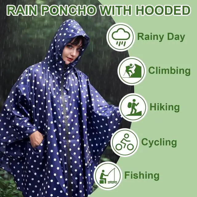 Alt view image 2 of 7 - Hooded Rain Ponchos for Adult - Rain Coat and Rain Jacket with Waterproof Pocket and Zipper Suitable for Camping, Hiking, Travelling and Other Outdoor Activities, Navy Dot