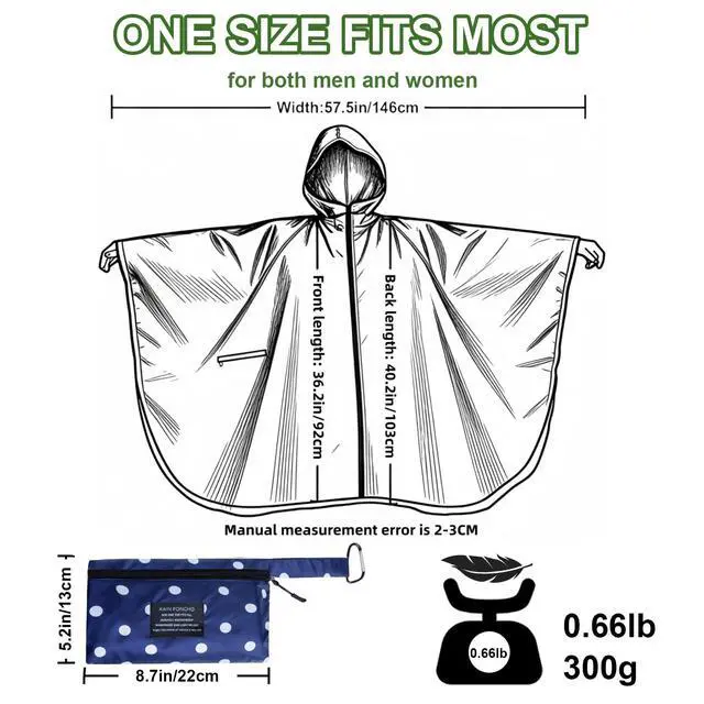 Alt view image 3 of 7 - Hooded Rain Ponchos for Adult - Rain Coat and Rain Jacket with Waterproof Pocket and Zipper Suitable for Camping, Hiking, Travelling and Other Outdoor Activities, Navy Dot