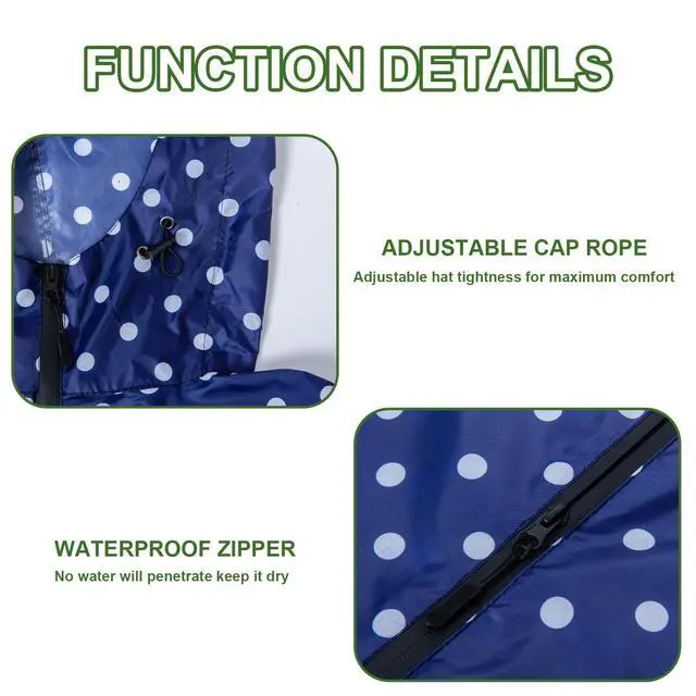 Alt view image 4 of 7 - Hooded Rain Ponchos for Adult - Rain Coat and Rain Jacket with Waterproof Pocket and Zipper Suitable for Camping, Hiking, Travelling and Other Outdoor Activities, Navy Dot