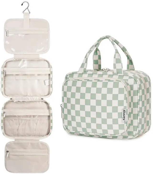 Main image of Hanging Toiletry Bag for Women Travel Checkered Makeup Bag Organizer Toiletries Bag for Travel Size Essentials Accessories Cosmetics (Mint Green Checkerboard (Medium))