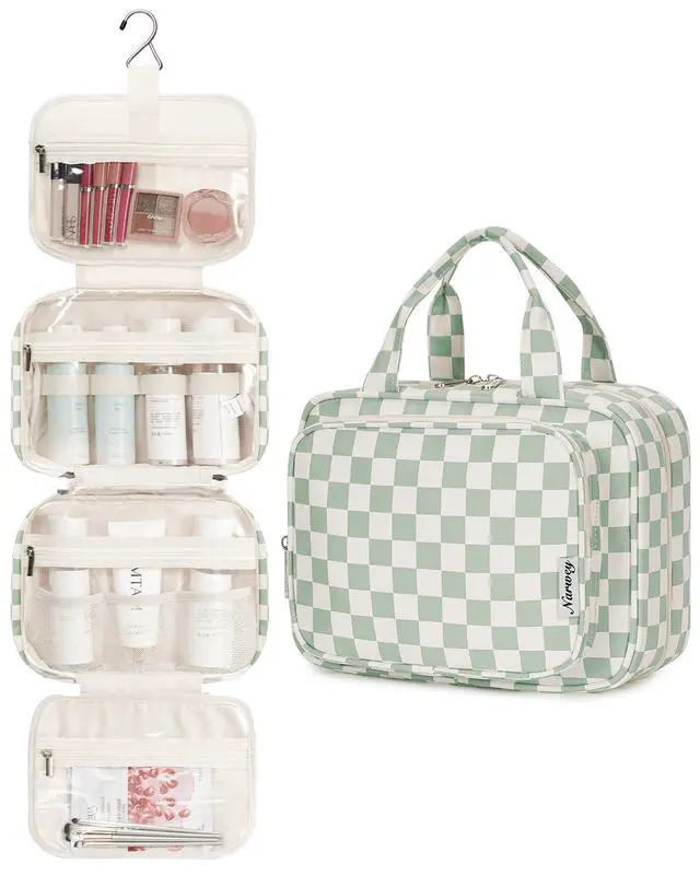 Alt view image 2 of 7 - Hanging Toiletry Bag for Women Travel Checkered Makeup Bag Organizer Toiletries Bag for Travel Size Essentials Accessories Cosmetics (Mint Green Checkerboard (Medium))