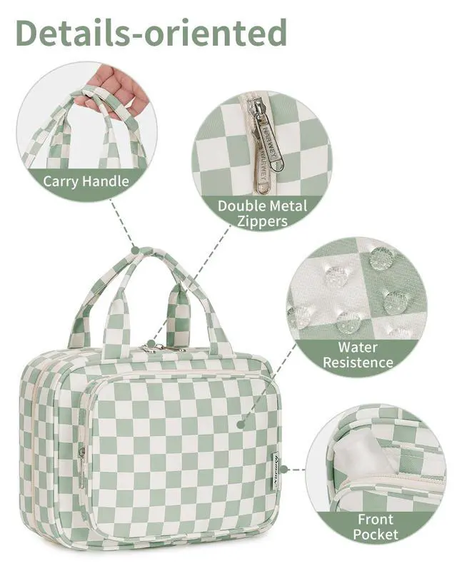 Alt view image 5 of 7 - Hanging Toiletry Bag for Women Travel Checkered Makeup Bag Organizer Toiletries Bag for Travel Size Essentials Accessories Cosmetics (Mint Green Checkerboard (Medium))