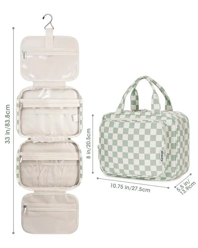 Alt view image 7 of 7 - Hanging Toiletry Bag for Women Travel Checkered Makeup Bag Organizer Toiletries Bag for Travel Size Essentials Accessories Cosmetics (Mint Green Checkerboard (Medium))