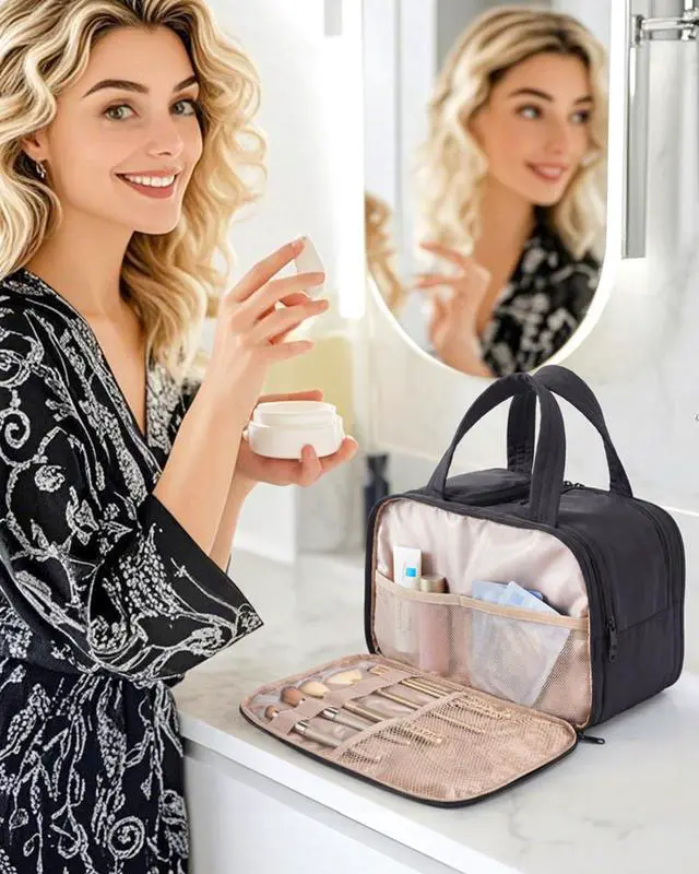Alt view image 2 of 7 - Travel Toiletry Bag, Puffy Large Toiletry Bag for Women, Lightweight Cosmetic Makeup Bag Organizer with Handle for Traveling, Accessories, Essentials, Toiletries (Black)