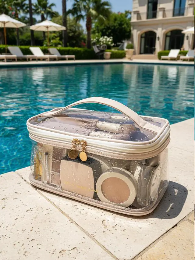 Alt view image 2 of 7 - Clear Travel Makeup Bag with DividerWomen Toiletry Bag White | PU leather, waterproof & easy-clean lining, built-in brush holder & divider, sturdy handle, travel essential, toiltries