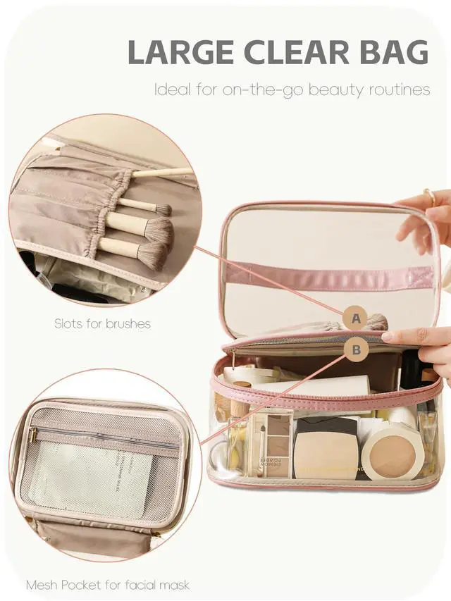 Alt view image 3 of 7 - Clear Travel Makeup Bag with DividerWomen Toiletry Bag White | PU leather, waterproof & easy-clean lining, built-in brush holder & divider, sturdy handle, travel essential, toiltries