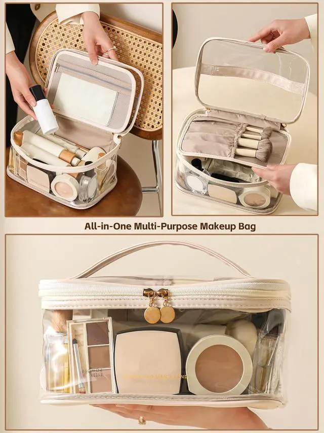 Alt view image 4 of 7 - Clear Travel Makeup Bag with DividerWomen Toiletry Bag White | PU leather, waterproof & easy-clean lining, built-in brush holder & divider, sturdy handle, travel essential, toiltries
