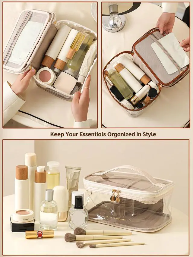 Alt view image 5 of 7 - Clear Travel Makeup Bag with DividerWomen Toiletry Bag White | PU leather, waterproof & easy-clean lining, built-in brush holder & divider, sturdy handle, travel essential, toiltries