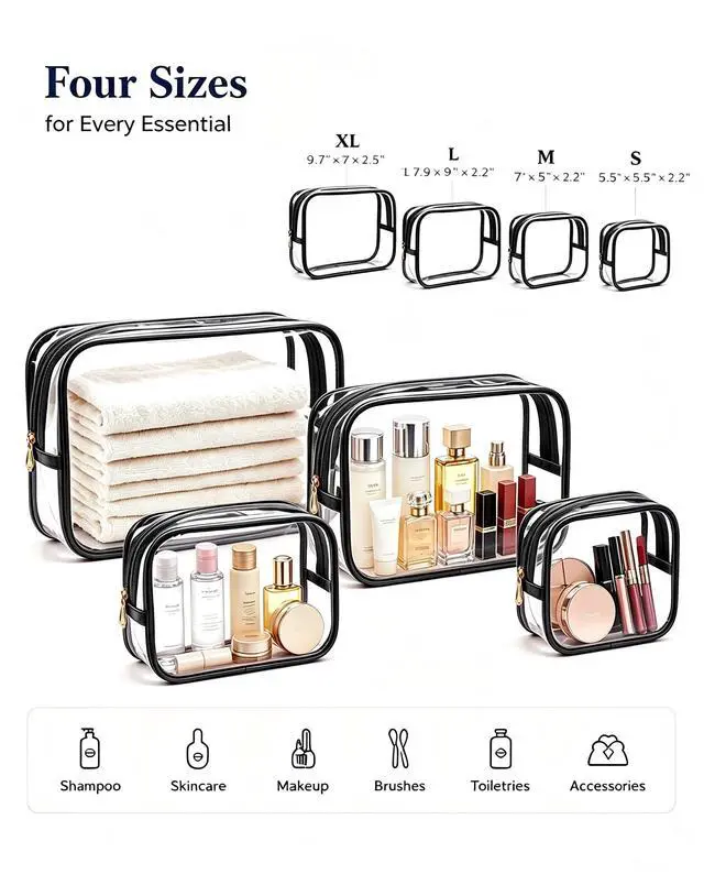 Alt view image 2 of 7 - 4Pcs Travel Clear Makeup Bag Set, Portable TSA Approved Toiletry Bags with Zipper Waterproof PVC Cosmetic Case for Daily Accessory Small Makeup Pouch Compact Car Storage Organizer Bags (Black Set)