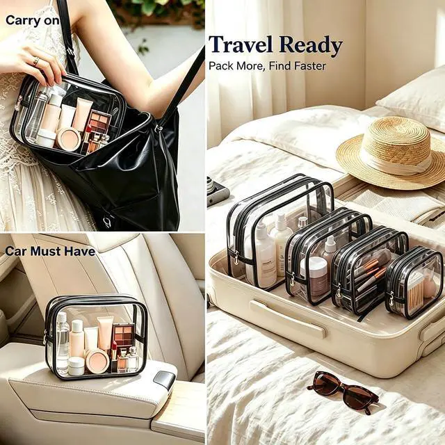 Alt view image 5 of 7 - 4Pcs Travel Clear Makeup Bag Set, Portable TSA Approved Toiletry Bags with Zipper Waterproof PVC Cosmetic Case for Daily Accessory Small Makeup Pouch Compact Car Storage Organizer Bags (Black Set)