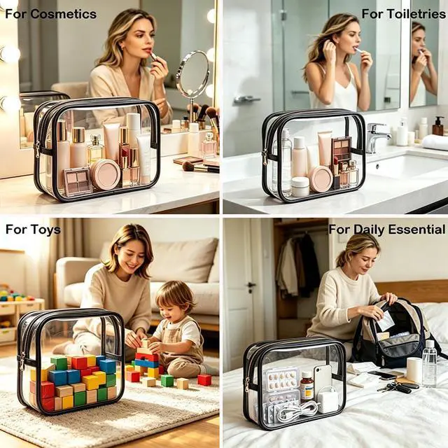Alt view image 6 of 7 - 4Pcs Travel Clear Makeup Bag Set, Portable TSA Approved Toiletry Bags with Zipper Waterproof PVC Cosmetic Case for Daily Accessory Small Makeup Pouch Compact Car Storage Organizer Bags (Black Set)