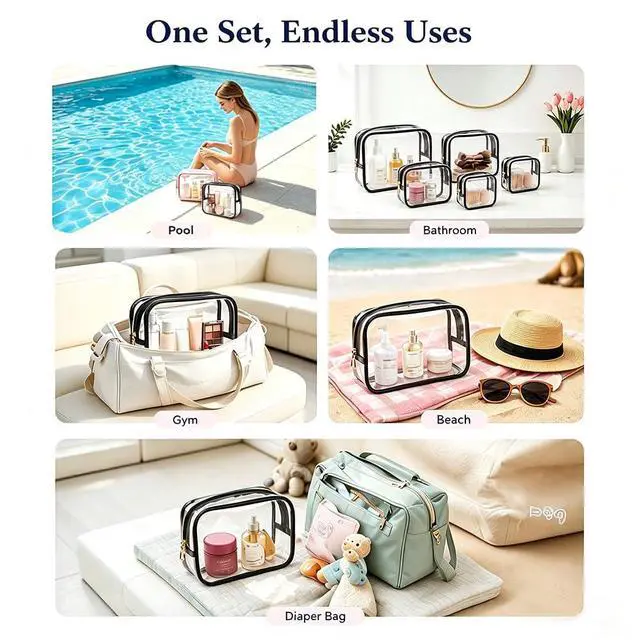 Alt view image 7 of 7 - 4Pcs Travel Clear Makeup Bag Set, Portable TSA Approved Toiletry Bags with Zipper Waterproof PVC Cosmetic Case for Daily Accessory Small Makeup Pouch Compact Car Storage Organizer Bags (Black Set)