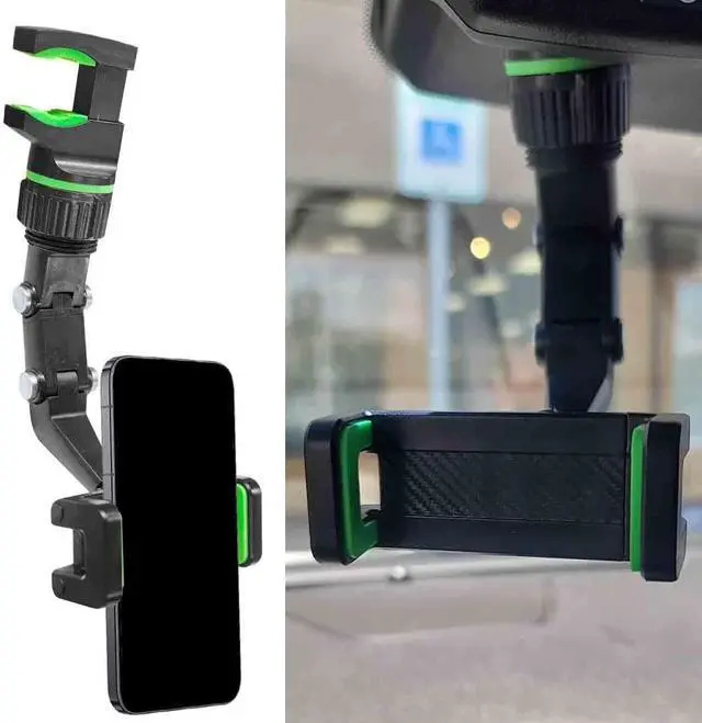 Main image of 360° Rotating Car Rear View Mirror Phone Holder (Green) | Adjustable Retractable Auto GPS Mount, Multifunctional Universal Automobile Cradles for Most Smartphones