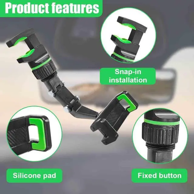 Alt view image 3 of 6 - 360° Rotating Car Rear View Mirror Phone Holder (Green) | Adjustable Retractable Auto GPS Mount, Multifunctional Universal Automobile Cradles for Most Smartphones