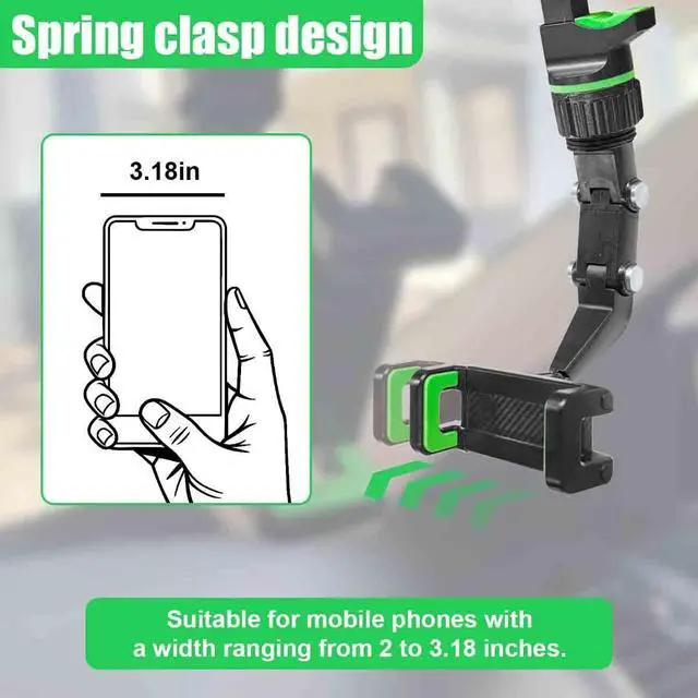 Alt view image 5 of 6 - 360° Rotating Car Rear View Mirror Phone Holder (Green) | Adjustable Retractable Auto GPS Mount, Multifunctional Universal Automobile Cradles for Most Smartphones