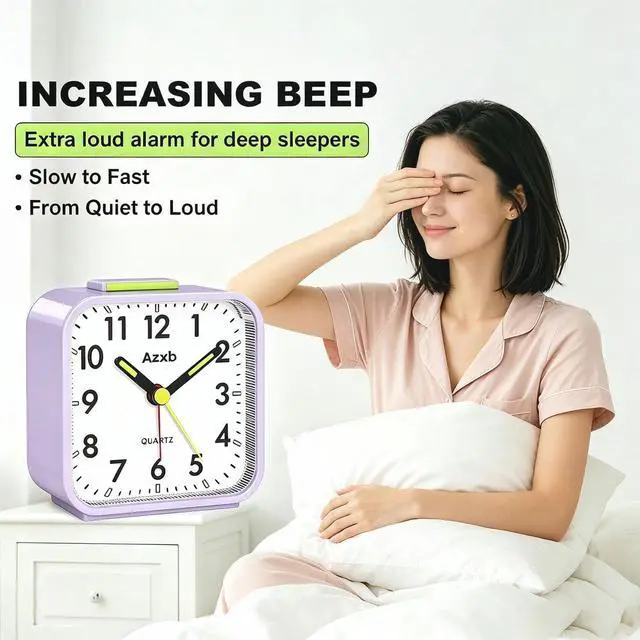 Alt view image 2 of 7 - Analog Alarm Clock, Silent,Travel,Snooze, Loud Alarm, Luminous, Purple | Alarm Clock with Night Light, No Ticking Battery Operated Quiet Small Desk Clock for Bedrooms Deep Sleeper Adults Kids