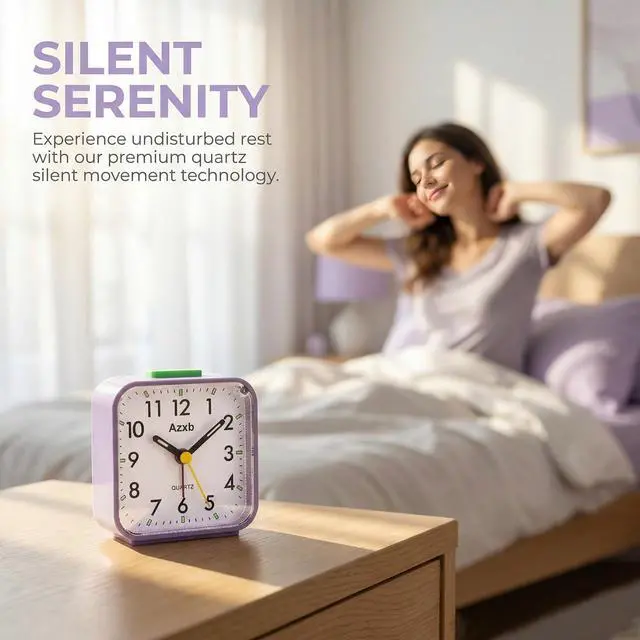 Alt view image 4 of 7 - Analog Alarm Clock, Silent,Travel,Snooze, Loud Alarm, Luminous, Purple | Alarm Clock with Night Light, No Ticking Battery Operated Quiet Small Desk Clock for Bedrooms Deep Sleeper Adults Kids
