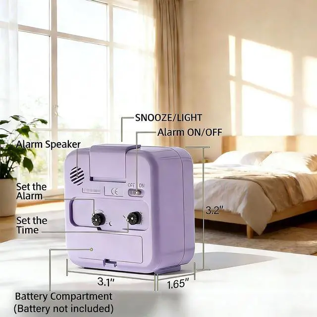 Alt view image 7 of 7 - Analog Alarm Clock, Silent,Travel,Snooze, Loud Alarm, Luminous, Purple | Alarm Clock with Night Light, No Ticking Battery Operated Quiet Small Desk Clock for Bedrooms Deep Sleeper Adults Kids
