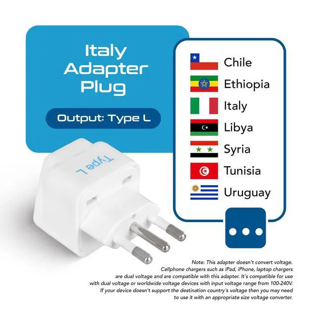 Alt view image 2 of 7 - Italy Power Adapter, Type L plug adapter, Universal Travel Adapter Chile, Italy travel adapter plug perfect for Rome, Lybia, Tunisia, Uruguay, GP-12A - White (3 Pack)