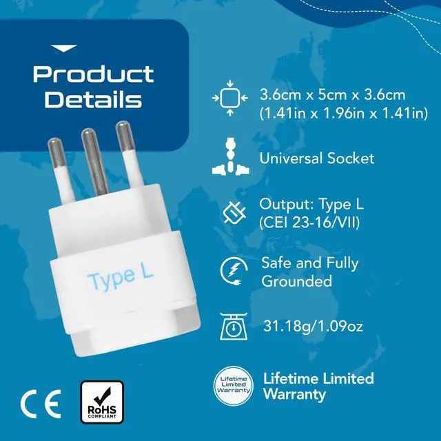 Alt view image 4 of 7 - Italy Power Adapter, Type L plug adapter, Universal Travel Adapter Chile, Italy travel adapter plug perfect for Rome, Lybia, Tunisia, Uruguay, GP-12A - White (3 Pack)
