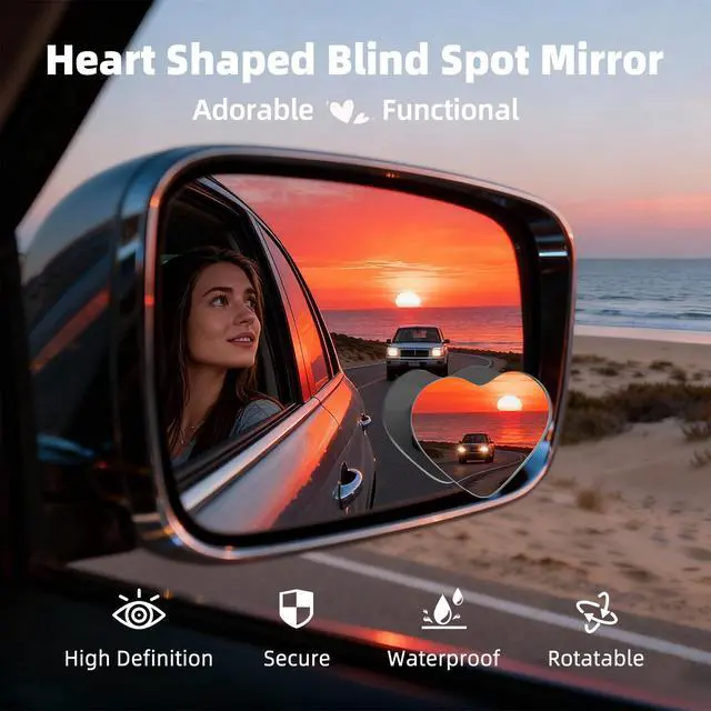 Alt view image 2 of 7 - Heart Shaped Blind Spot Mirrors for Car 2 Pack - HD Glass Frameless, Adjustable Angle Wide View Convex Mirror Stick to Side Mirror Blindspot, Cute Girly Heart Car Accessories for Women