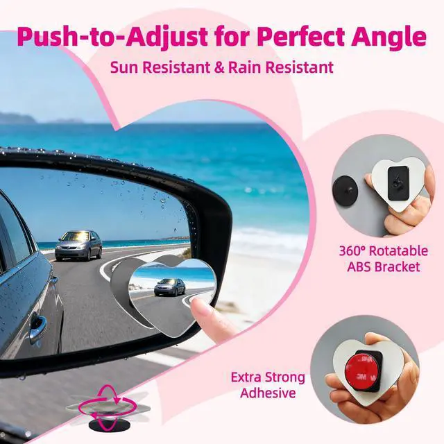 Alt view image 5 of 7 - Heart Shaped Blind Spot Mirrors for Car 2 Pack - HD Glass Frameless, Adjustable Angle Wide View Convex Mirror Stick to Side Mirror Blindspot, Cute Girly Heart Car Accessories for Women