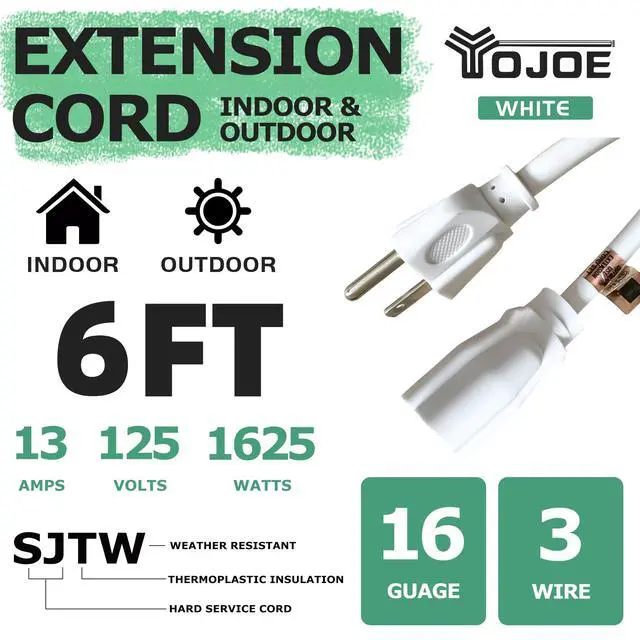 Alt view image 2 of 6 - Indoor Outdoor Extension Cord, 3 Prong 13A Weatherproof Power Cord, 16 Gauge Heavy Duty 6 ft White Extension Cord for Garage, Garden and Home, 16/3 SJTW UL Listed
