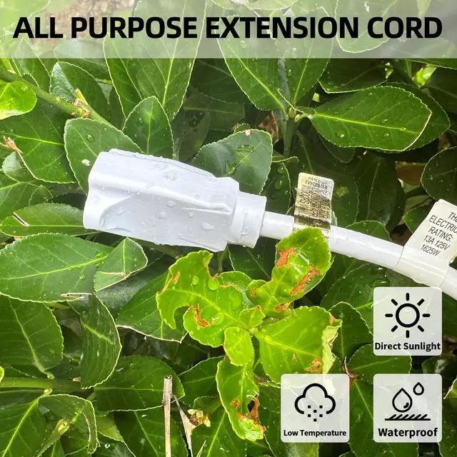 Alt view image 3 of 6 - Indoor Outdoor Extension Cord, 3 Prong 13A Weatherproof Power Cord, 16 Gauge Heavy Duty 6 ft White Extension Cord for Garage, Garden and Home, 16/3 SJTW UL Listed