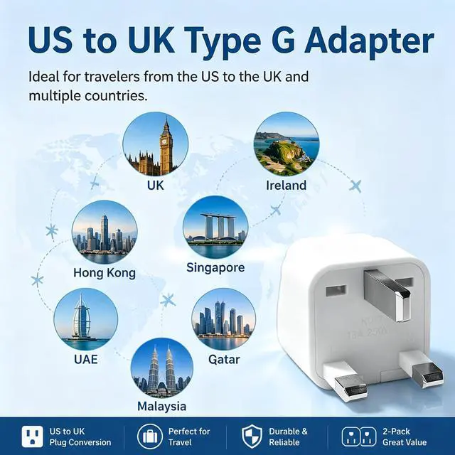 Alt view image 7 of 7 - UK Plug Adapter, 2 Pack Type G Travel Adapter, UK Power Adaptor | UK Travel Plug Adapter for USA Devices, British Power Adapter Compatible with London Hong Kong Singapore Travel