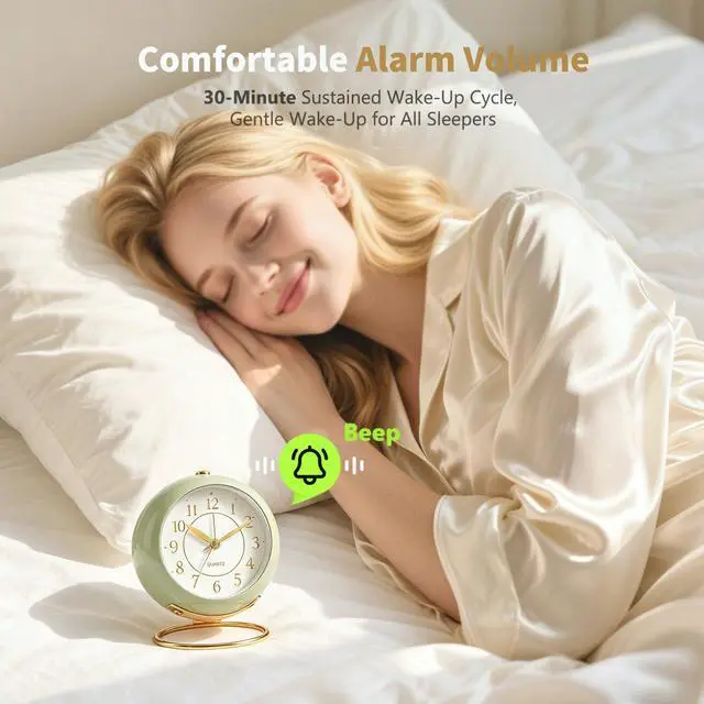 Alt view image 3 of 7 - Analog Alarm Clock, Retro Small Desk Clock with Night Light, Cute Simple Design, Silent Non-Ticking, Battery Powered, Backlight Clock for Bedroom,Travel,Kitchen,Bedside Desktop Decor