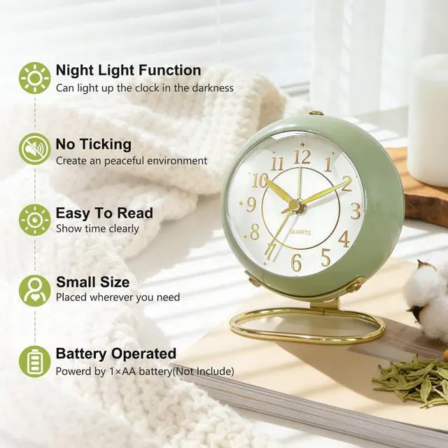 Alt view image 2 of 7 - Analog Alarm Clock, Retro Small Desk Clock with Night Light, Cute Simple Design, Silent Non-Ticking, Battery Powered, Backlight Clock for Bedroom,Travel,Kitchen,Bedside Desktop Decor