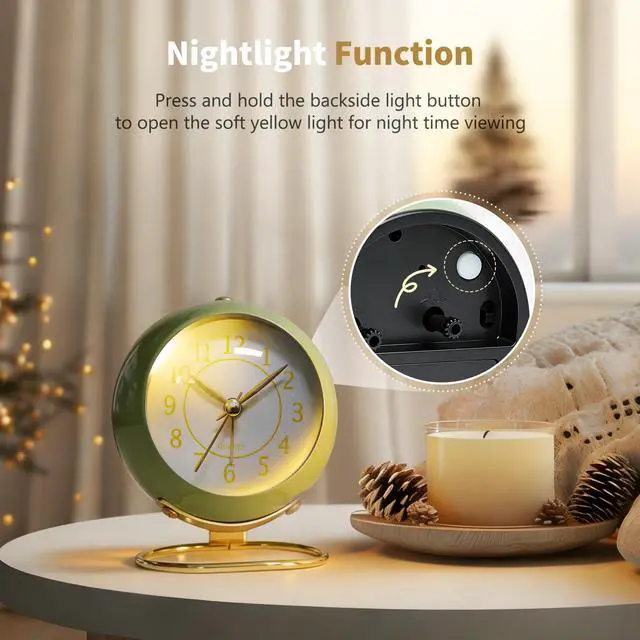 Alt view image 5 of 7 - Analog Alarm Clock, Retro Small Desk Clock with Night Light, Cute Simple Design, Silent Non-Ticking, Battery Powered, Backlight Clock for Bedroom,Travel,Kitchen,Bedside Desktop Decor