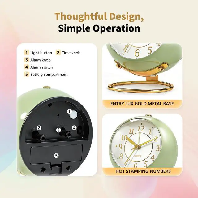 Alt view image 4 of 7 - Analog Alarm Clock, Retro Small Desk Clock with Night Light, Cute Simple Design, Silent Non-Ticking, Battery Powered, Backlight Clock for Bedroom,Travel,Kitchen,Bedside Desktop Decor